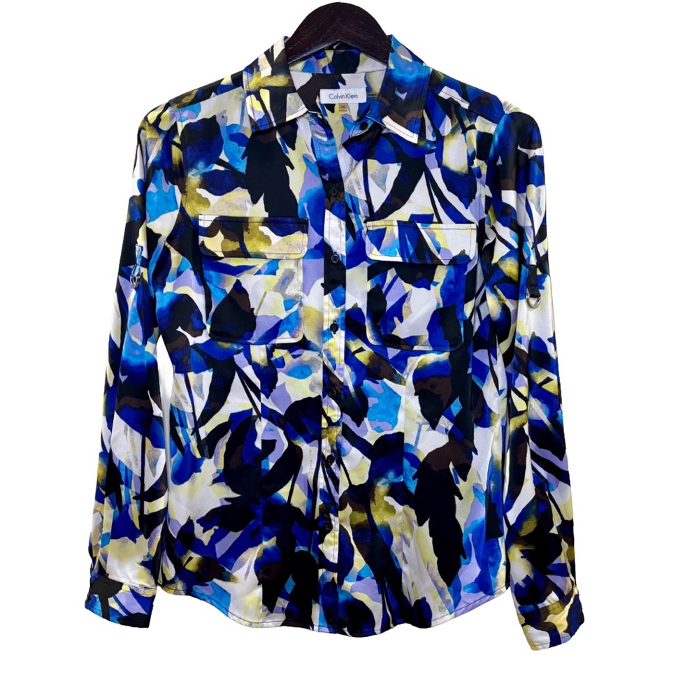 Calvin Klein Abstract Floral Button Down Shirt Blue White Size Extra Small